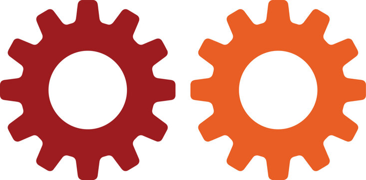 Engranajes industriales planos en colores rojo y naranja, iconos de ruedas dentadas mec&aacute;nicas, elementos de maquinaria y trabajo en equipo