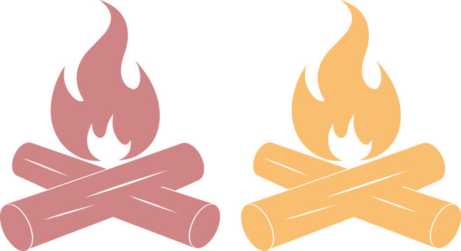 Fogata minimalista con le&ntilde;a cruzada, iconos de fuego en tonos pastel, ilustraci&oacute;n vectorial de hoguera para camping y aventura