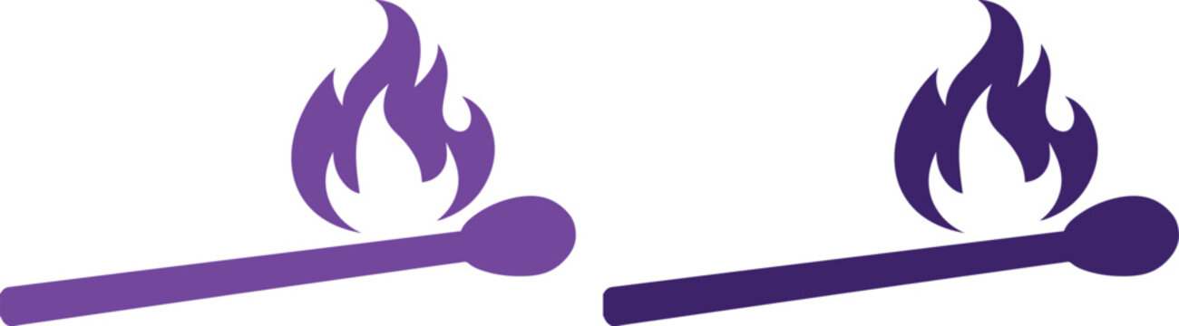 Iconos de cerillas encendidas en color morado, f&oacute;sforos con llama estilizada, conjunto de vectores planos para dise&ntilde;o gr&aacute;fico y logotipos
