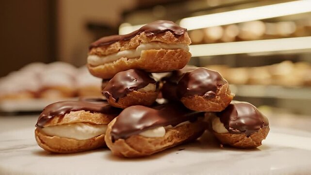 Stack of fresh chocolate eclairs with cream filling in a bakery