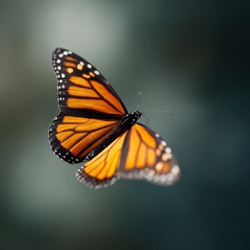 monarch butterfly flying with detailed orange and black wing pattern nature wildlife macro photography