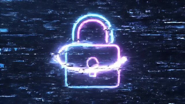 Neon Open Padlock Icon - This video shows a digital neon style open padlock icon. The lock is outlined in bright blue and purple and is set against a dark background.
