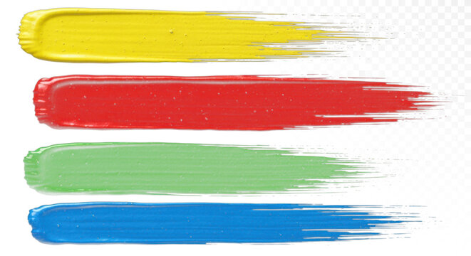 Colorful brush stroke texture set with vibrant horizontal paint lines in yellow red green and blue on transparent background for creative designon black background