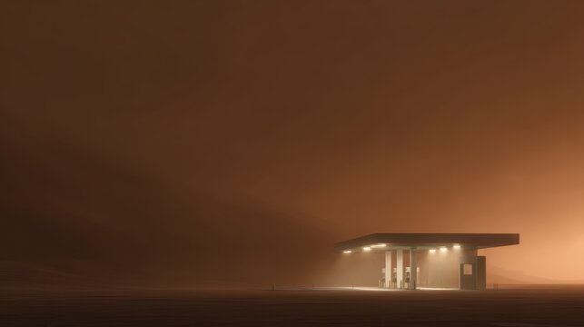 Futuristic dystopian gas station surrounded by sandstorm