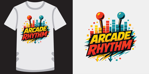 Vibrant retro arcade rhythm game design on a stylish white tshirt perfect for gaming enthusiasts and fans of colorful typography and fun graphics © jubayer95