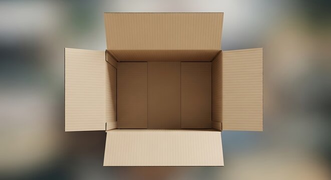Empty cardboard box viewed from above, brown box with open flaps