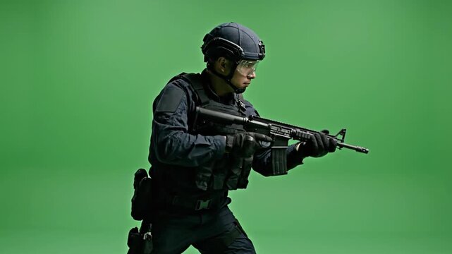 Police officer in tactical gear prepares for a nighttime raid operation with his rifle at the ready in a green screen environment.