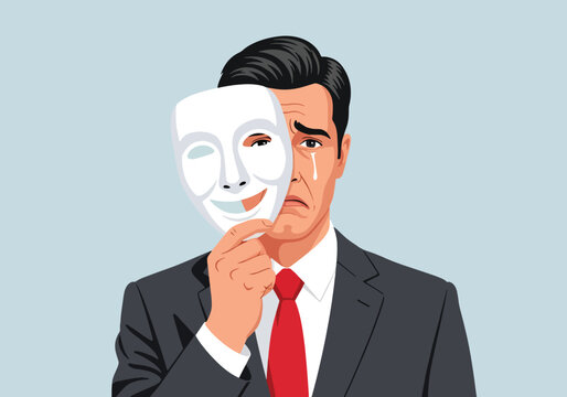 Modern illustration of businessman hiding sadness behind smiling mask, symbolizing emotional suppression, workplace stress, and hidden mental health struggles