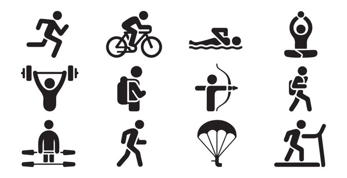 Collection of sports and fitness icons running, cycling, swimming, yoga, weightlifting, archery, hiking