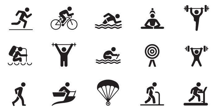 Collection of black and white sports and fitness icons running, cycling, swimming, yoga, weightlifting