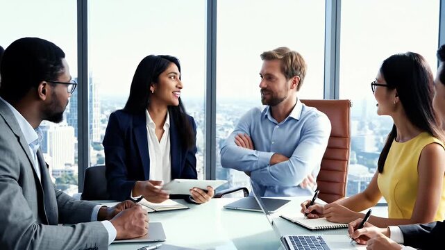 Diverse Team Collaborating in Modern Office - A group of professionals engaged in a collaborative meeting in a well-lit office with large windows showcasing an urban skyline.