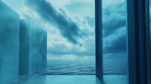 Minimalist architecture and glass windows providing a framed view of dramatic cloud formations over a vast, turbulent body of water, capturing a moody atmosphere