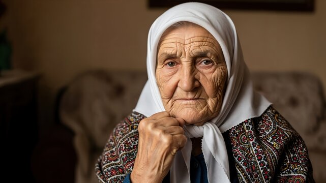 Senior Slavic woman with wrinkled face wearing a babushka headscarf and folk shawl indoors