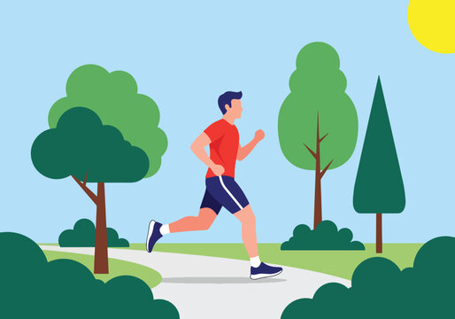 Modern illustration of man jogging in park, representing exercise for mental health, stress relief, emotional balance, and healthy lifestyle improvement