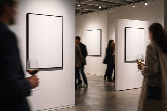 Blank framed posters in contemporary art gallery with blurred visitors holding wine glasses during evening exhibition opening