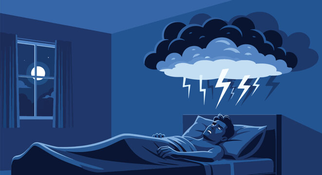 Modern illustration of man lying awake with floating thoughts, representing insomnia, anxiety, stress, and mental health challenges during nighttime
