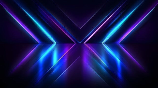 Glowing neon blue and purple geometric x pattern with symmetrical rays on dark abstract design