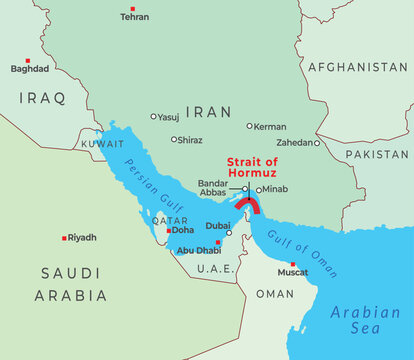 Strait of Hormuz map with countries cities and oil route
