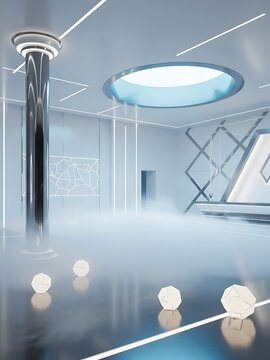 Futuristic space interior with luminous fog effect and geometric design