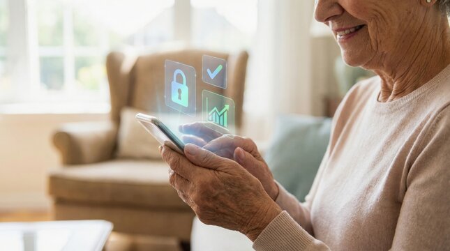 elderly mobile payment security concept. Senior using smartphone with digital security icons
