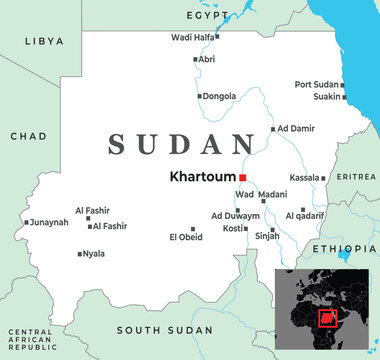 Sudan political map with borders cities and inset Africa
