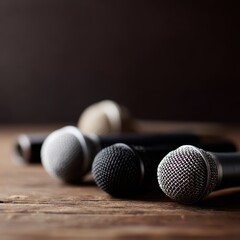 Obraz premium collection of microphones on wooden table journalism media equipment concept