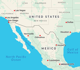 Fototapeta premium Southwestern US and northern Mexico map with major cities