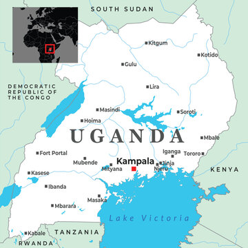 Uganda map with borders cities and Lake Victoria