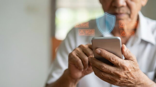 elderly mobile payment security concept. Elderly person using smartphone with digital security shield overlay
