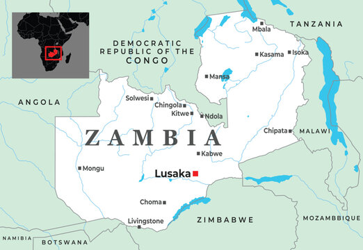 Zambia political map with borders cities and inset Africa