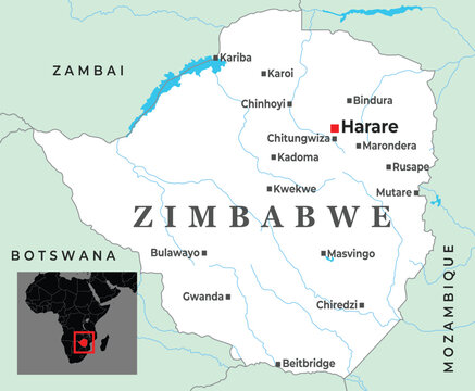 Zimbabwe map with borders cities and inset Africa