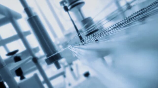Blue fiber optic strands forming a stream of data in a macro shot, representing connectivity, technology, communication, and scientific innovation within a laboratory setting