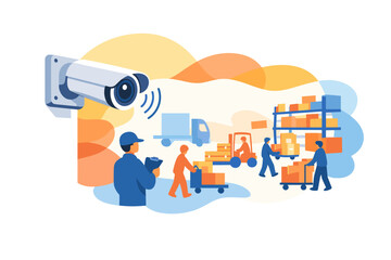 Fototapeta premium Security camera monitors warehouse operations and workers.