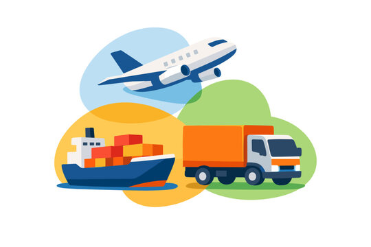 Airplane ship and truck representing global logistics and transportation services.