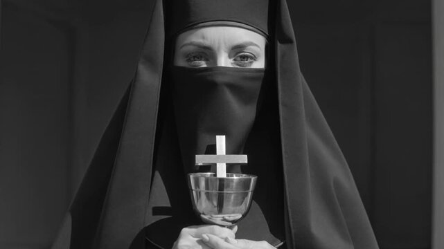 A mysterious nun holds a chalice with a cross in a dark room.