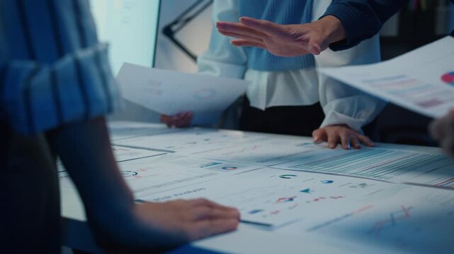 Close up Asia businesspeople meeting plan analysis statistics brainstorm and work with paperwork around table in office conference room at night. Business finance partners strategy investment success.