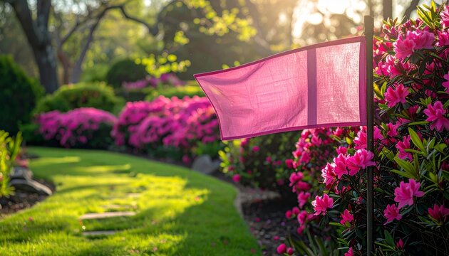 Pink Flag Near Blooming Azalea Bushes in Lush Green Garden Sunny Day