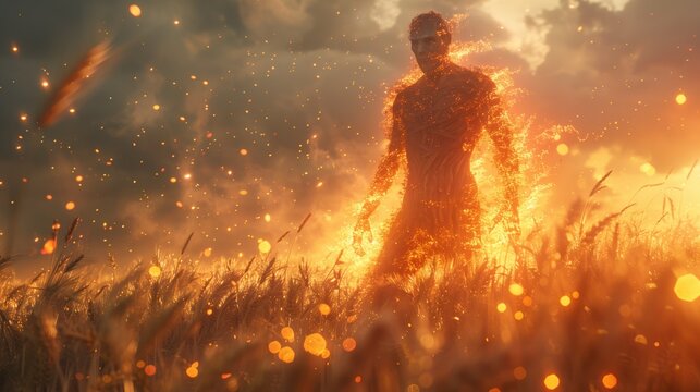 Robigalia: 3D illustration, Robigus ancient Roman deity of grain rust as a colossal glowing divine figure rising from infected wheat fields at dusk