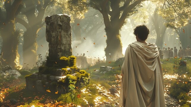 Robigalia: 3D illustration, ancient Roman priest in detailed white toga performing Robigalia ritual at an ornate stone altar in a sacred oak grove, photorealistic subsurface scattering on skin
