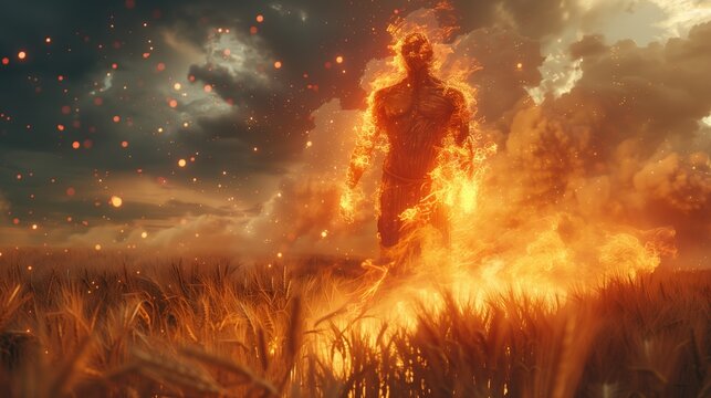 Robigalia: 3D illustration, Robigus ancient Roman deity of grain rust as a colossal glowing divine figure rising from infected wheat fields at dusk