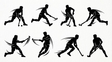 Fototapeta premium Seven black silhouettes of athletes playing field hockey in dynamic poses—running, dribbling, striking, and diving—emphasizing energy, movement, and intensity on a white background.