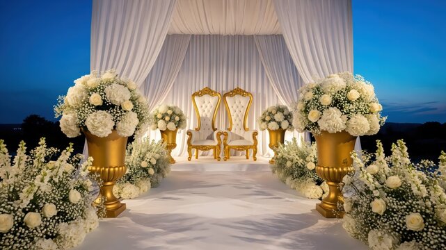 Elegant White and Gold Royal Wedding Stage with Floral Decor and Throne Chairs