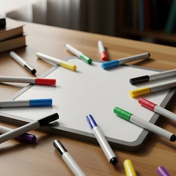 Vibrant Felt Tip Pens encircling Dry Erase Whiteboard on Wooden Surface