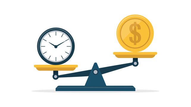 Balancing Time and Money: An illustration of a classic balance scale, with a clock and a gold coin, showing the relative value of time versus financial wealth.