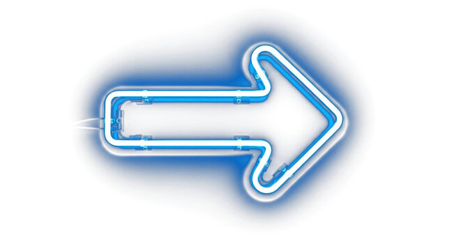Blue neon glowing arrow curved direction pointer symbol and modern light sign on transparent backgroundon black background