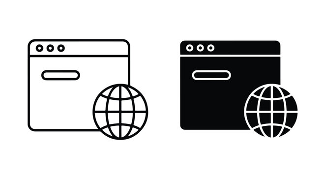 Web browser window with globe icon set - Solid vector icons - Clipart, sticker - icon set