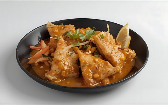 Deep-fried tofu triangles or Tahu Isi drenched in savory peanut sauce served on a dark plate