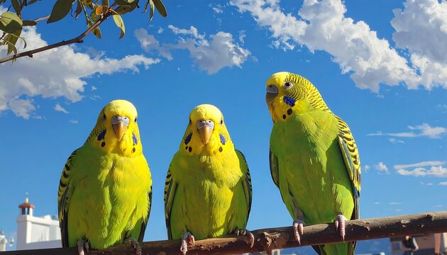 Three green parakeets perched on a branch against a blue sky