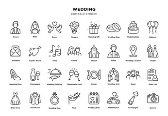Wedding line icon set with editable stroke