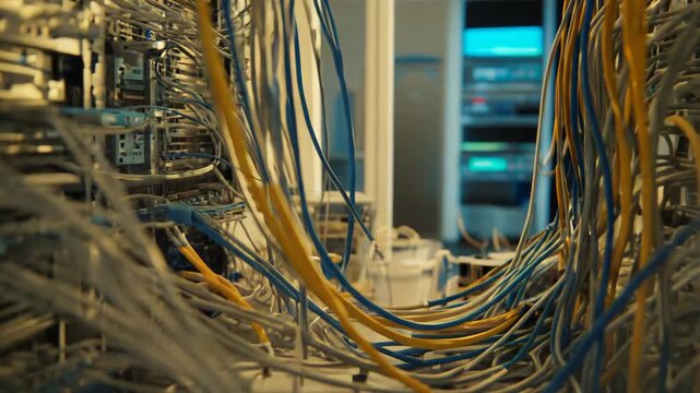 Closely viewing tangled network cables connecting server racks in a data center, highlighting the complex infrastructure supporting global digital communication and technology